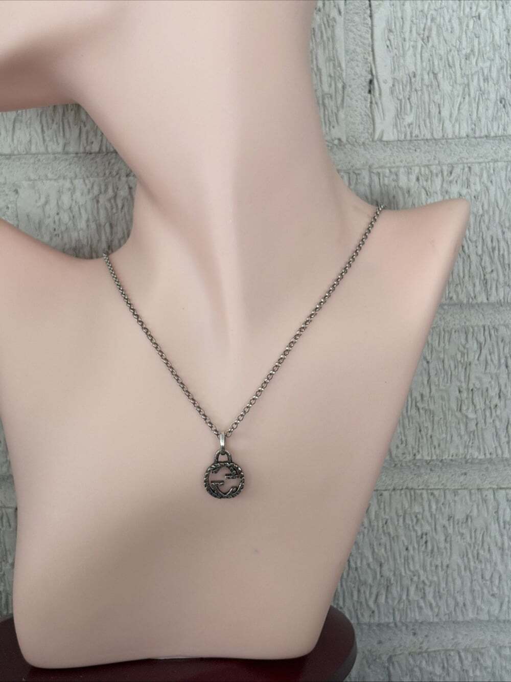 Gucci 925 Silver Interlocking Double G Logo Textured Pendant Rolo Necklace 19" - Picture 5 of 16